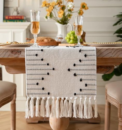 Black Beige Cotton Linen Rustic Boho Table Runner 13x108 Inches - Caflife