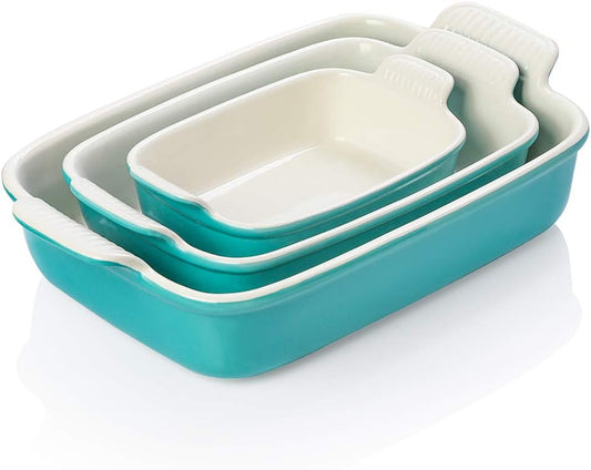 Sweejar Baking Pans Set - Durable Ceramic 9x13 Baking Dish with Handle | 3-Piece Rectangular Casserole Set in Turquoise