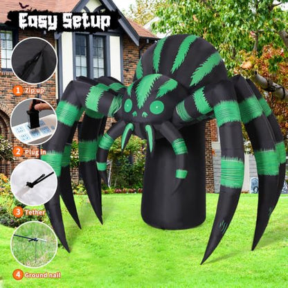 Halloween Inflatable Spider Decoration with LED Lights - Green, 7 Ft Long