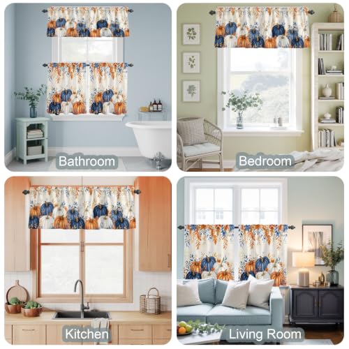 Navy Blue Pumpkin Fall Kitchen Curtain Set - Small Half Curtains with Valance, 24 Inch Length - Pack of 3