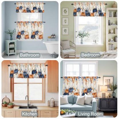Navy Blue Pumpkin Fall Kitchen Curtain Set - Small Half Curtains with Valance, 24 Inch Length - Pack of 3