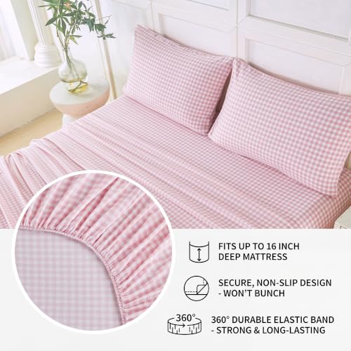 Pink Gingham Twin Sheet Set - 4 Piece Microfiber Plaid Bedding with Deep Pockets