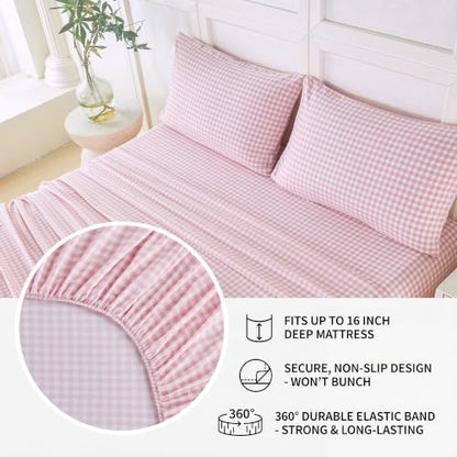 Pink Gingham Twin Sheet Set - 4 Piece Microfiber Plaid Bedding with Deep Pockets