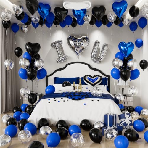 Blue Black Silver I Love You Balloons Set for Him Romantic Anniversary Decor