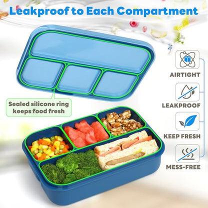 danliar Bento Box for Kids 44oz 4-Compartment Bento Box Adult Lunch Box with 2 Dressing Containers, Leakproof Lunch Containers, Built-in Utensil Set, Ideal for School & On-the-Go, BPA-Free (Blue)