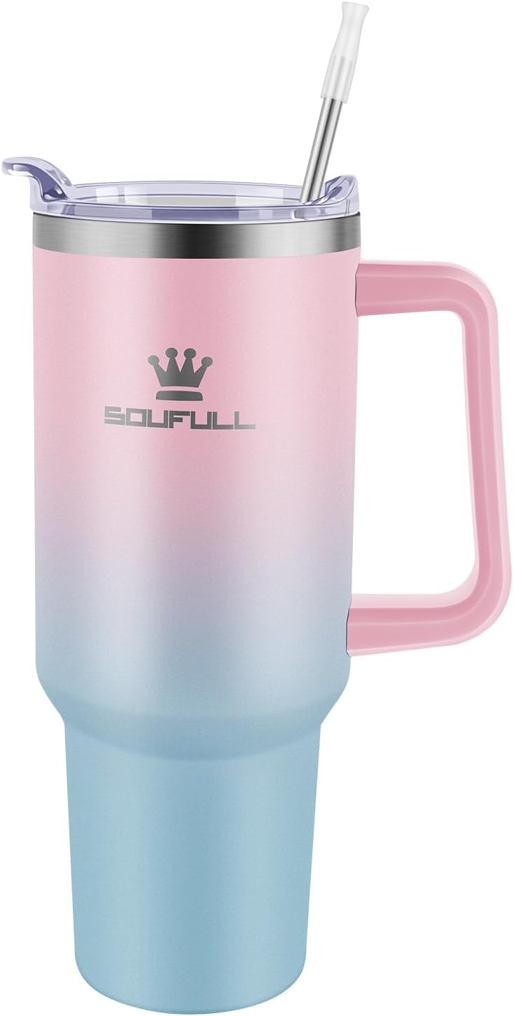 Skiennix 40 oz Tumbler - Leak-Proof Travel Coffee Mug with Handle & Straw Lid | Insulated Stainless Steel, Keeps Drinks Cold for 34Hrs or Hot for 10Hrs, Dishwasher Safe (Pink/Blue)