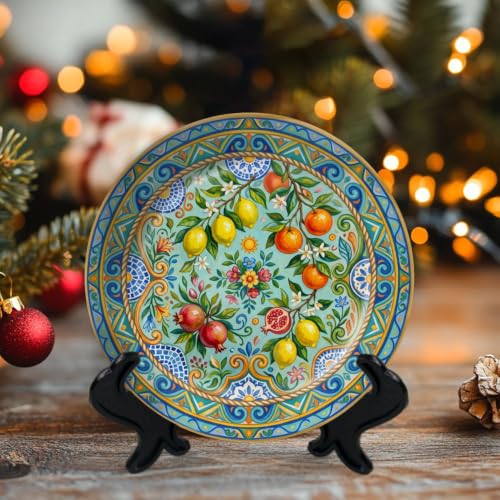 10-Inch Ceramic Decorative Plate with Stand & Hook - Mediterranean Citrus Mandala in Color 4