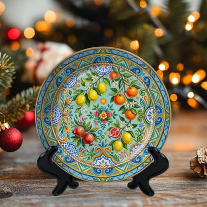 10-Inch Ceramic Decorative Plate with Stand & Hook - Mediterranean Citrus Mandala in Color 4