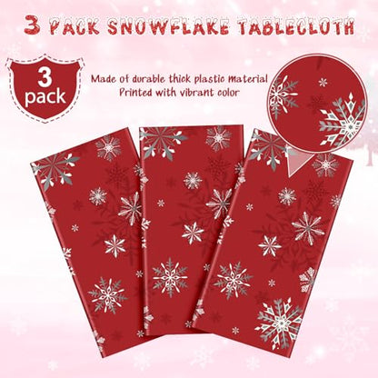 Red Snowflake Christmas Tablecloths - Pack of 3, 54 x 108 Inches, Disposable Holiday Decor