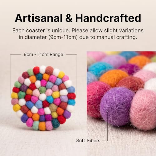 Multicolor Wool Felt Coasters with Holder - 5 Pack Round Handmade Drink Protectors