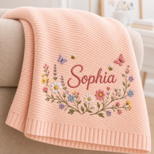 Personalized Floral Wreath Baby Blanket with Name Embroidery - Style 1