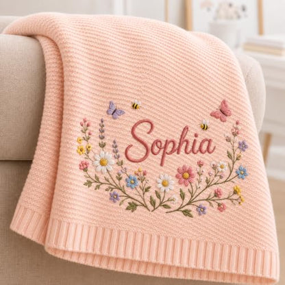Personalized Floral Wreath Baby Blanket with Name Embroidery - Style 1