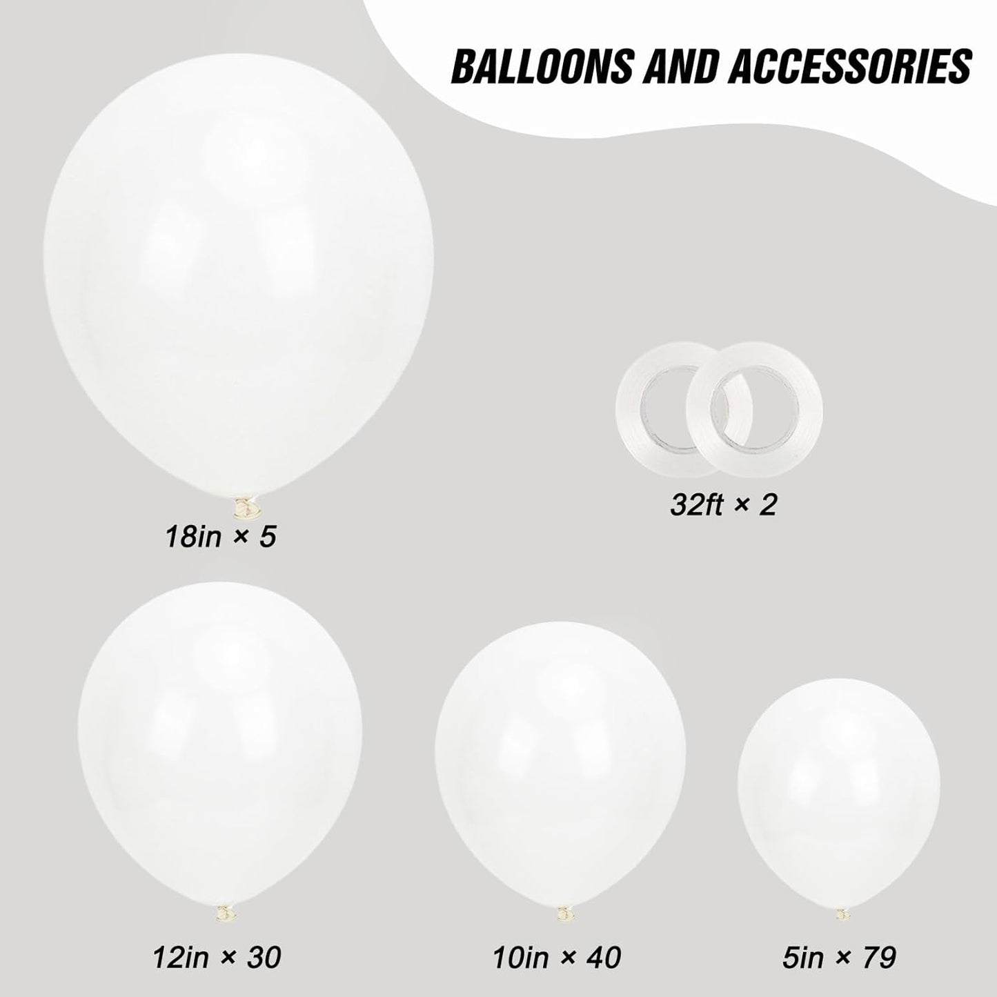 RUBFAC 154-Piece White Latex Balloon Set - Various Sizes for Birthday, Wedding & Baby Shower Decor