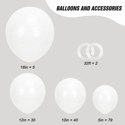 RUBFAC 154-Piece White Latex Balloon Set - Various Sizes for Birthday, Wedding & Baby Shower Decor