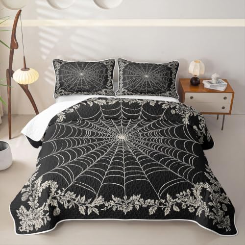 Halloween Spider Web Lace Quilt Set Black Grey Twin Size All Season Bedding