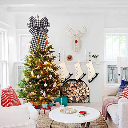 Christmas Wreath Bow Decoration with Black and White Buffalo Plaid Ribbon, 10x15.7 in