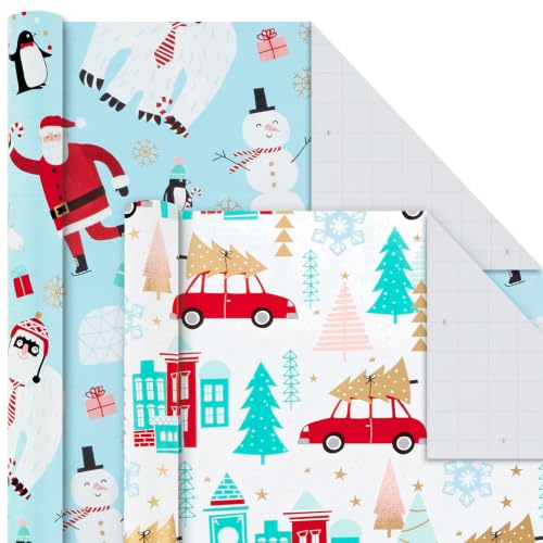 Christmas Wrapping Paper Bundle with Quirky Holiday Designs, 4 Rolls with Cut Lines, Blue, Gold, Yeti, Santa, Penguin