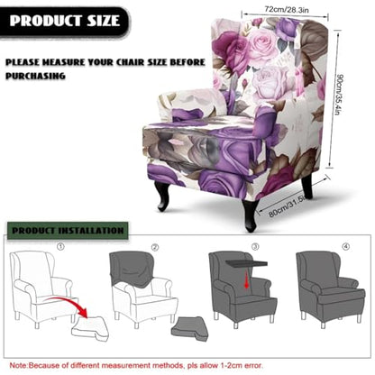 Purple Rose Wingback Chair Cover with Matching Ottoman Cover - Stretch Fabric