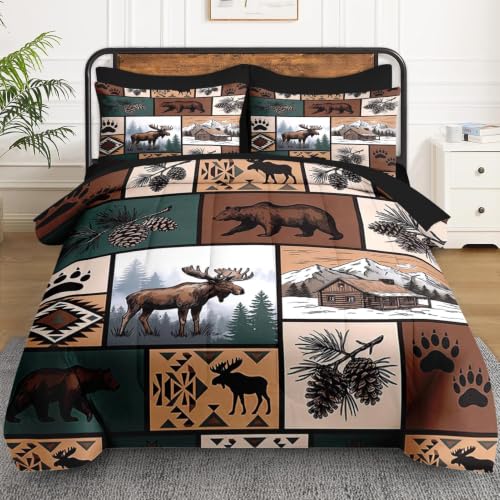 WeCozy Queen Size Comforter Set - Rustic Lodge Bear Moose Bedding Variation 2