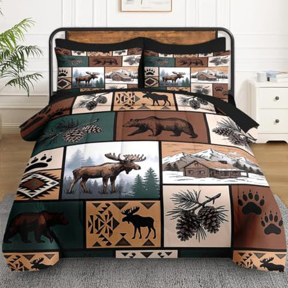 WeCozy Queen Size Comforter Set - Rustic Lodge Bear Moose Bedding Variation 2