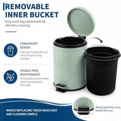 Garvee Bathroom Trash Can 5L Green with Soft Close Lid - Round Wastebasket