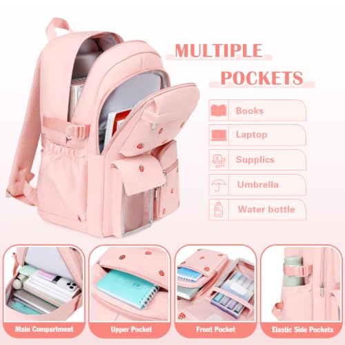 Girls Embroidered Backpack Set with Lunch Bag - Pink Strawberry