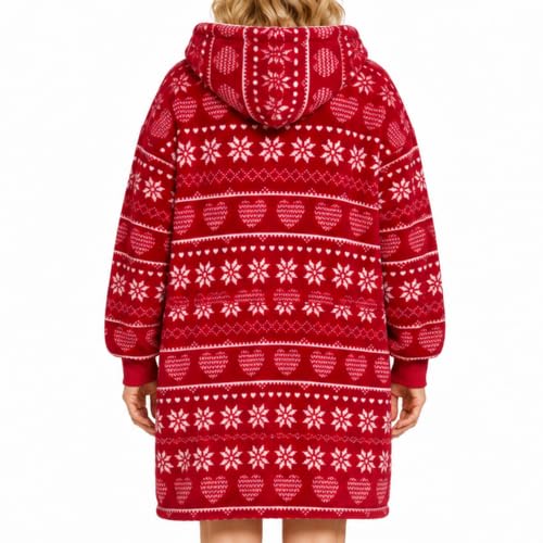 Wearable Blanket Hoodie for Adults - Fleece-Lined Cozy Oversized Wrap with Hood - Red Christmas Variation