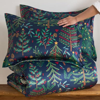 King Duvet Cover Set - Woodsy Wonder Holiday Forest Trees & Pinecones, Reversible Velvet, Navy, with Shams - Variation of THIS listing