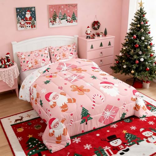 Feelyou Christmas Kids Comforter Set Full Pink Brown Bedding for Boys Girls