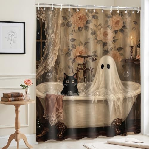 Halloween Shower Curtain Black Cat Ghost Bathroom Decor 71x71in