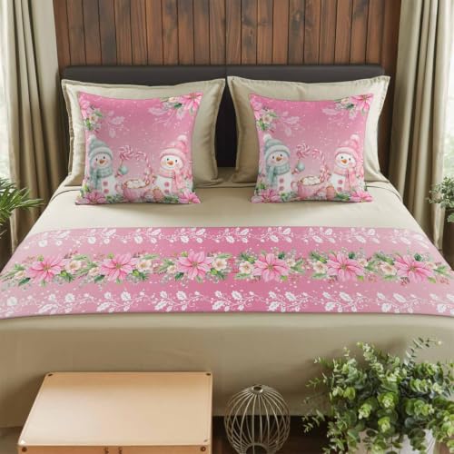 94x20 Inch Pink Bed Runner with Pillow Covers Set for King Bed Xmas Decor