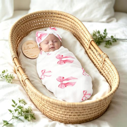 Baby Girl Swaddle Blanket Set with Headband and Beanie - Pink Bows, 30x30 Inches, Soft & Stretchy Newborn Receiving Set