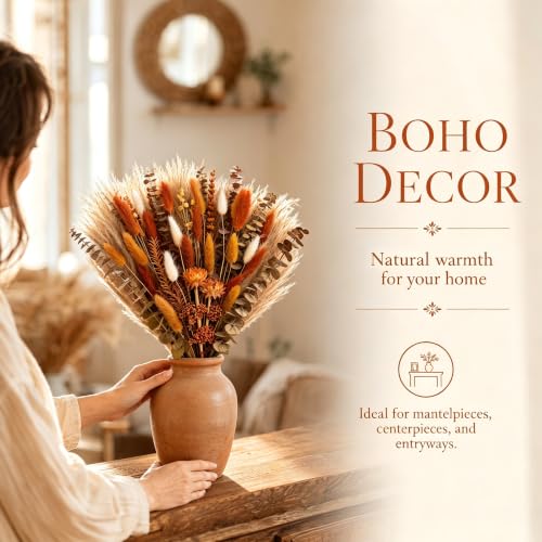 Umero Natural Dried Flower Bouquet - 17 Inch Boho Fall Pampas Grass - Orange Variation