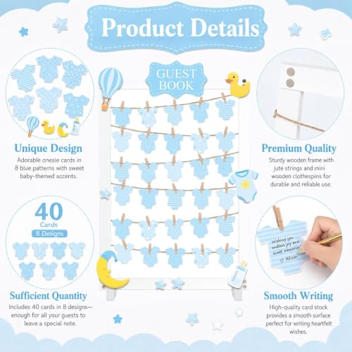 Baby Shower Guest Book Alternative Blue Gender Reveal Wooden Frame Keepsake - Blue