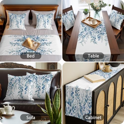 83 x 20 Inch Blue Eucalyptus Bed Runner Set with 2 Pillow Covers - Queen Size