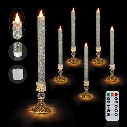 LED Flameless Taper Candles with Illuminated Crystal Silver Holder - 6 Pack