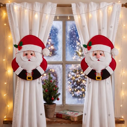Christmas Santa Curtain Tiebacks - Felt Holiday Window Holdbacks (2 Pack)