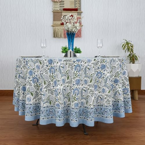 Smalt Blue 72-Inch Round Hand Block Printed Cotton Tablecloth - Floral Home Decor