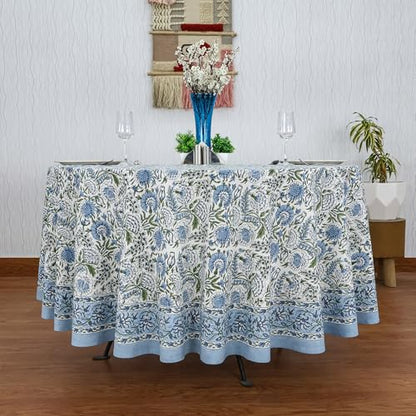Smalt Blue 72-Inch Round Hand Block Printed Cotton Tablecloth - Floral Home Decor