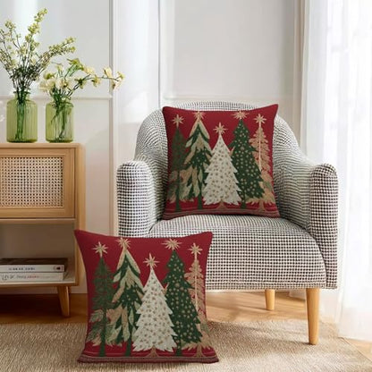 Christmas Pillow Covers 18x18 Set of 2 - Red Gold Green Tree Print