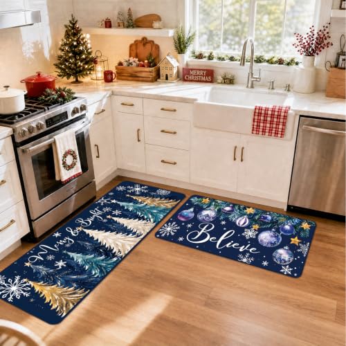 Christmas Kitchen Mats - Blue and Gold Xmas Tree Non-Slip Rugs, Set of 3 with Variation Xmas Tree