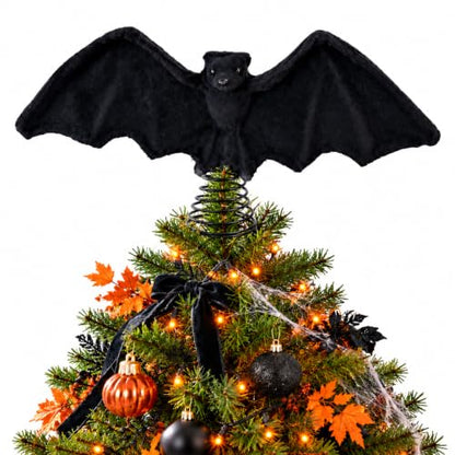 Halloween Bat Tree Topper - 10 Inch Black Plush Gothic Christmas Decoration