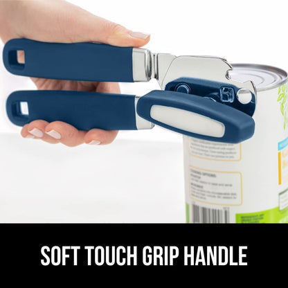 The Original Gorilla Grip Heavy Duty Stainless Steel Smooth Edge Manual Hand Held Can Opener With Soft Touch Handle, Rust Proof Oversized Handheld Easy Turn Knob, Large Lid Openers, Blue