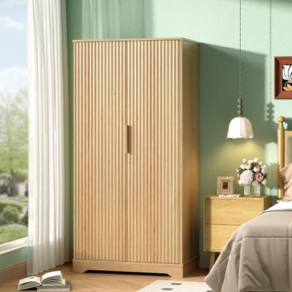 Fluted Wood Armoire Wardrobe with Doors, 2-Shelf Hanging Closet