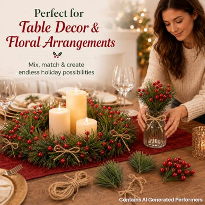 Holly Berry Stems - 96 Artificial Christmas Greenery Picks for Crafts