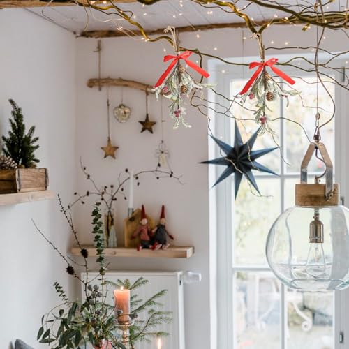 Christmas Artificial Mistletoe Ornaments with Red Bow - 2 Pieces G