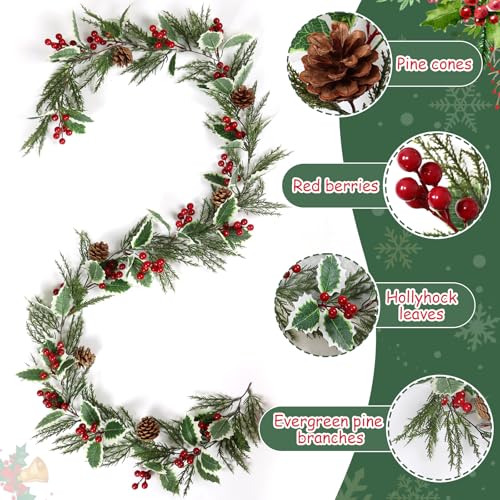 Cedar Christmas Garland 13FT - 2 Pack Artificial Holly Pine Cones & Berry Decor