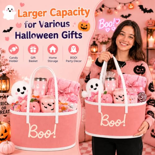 Pink Halloween Gift Basket - Large Foldable Woven Bamboo Decor