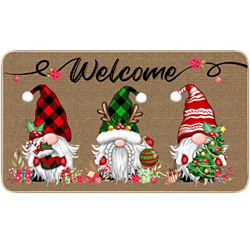 Christmas Doormat 17x29 Inch Buffalo Plaid Gnome Holiday Entryway Mat - Xmas 3 Gnomes Variation