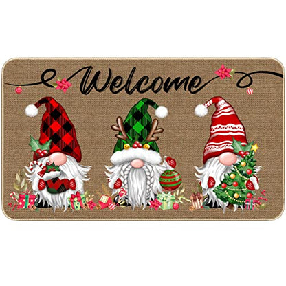 Christmas Doormat 17x29 Inch Buffalo Plaid Gnome Holiday Entryway Mat - Xmas 3 Gnomes Variation